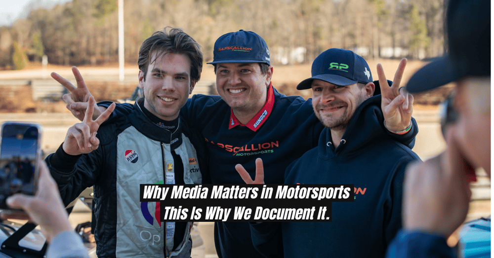 Rapscallion Motorsports teammates celebrate together after a podium finish, capturing the emotional payoff of endurance racing